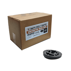 Cardboard box of Snap 'N Stack 5" adapter with a round black adapter on a white background