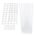 Set of white square snap'n lock parts including balusters connectors, and stair adapters on a white background