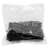 Clear plastic bag with black plastic components inside on a white background