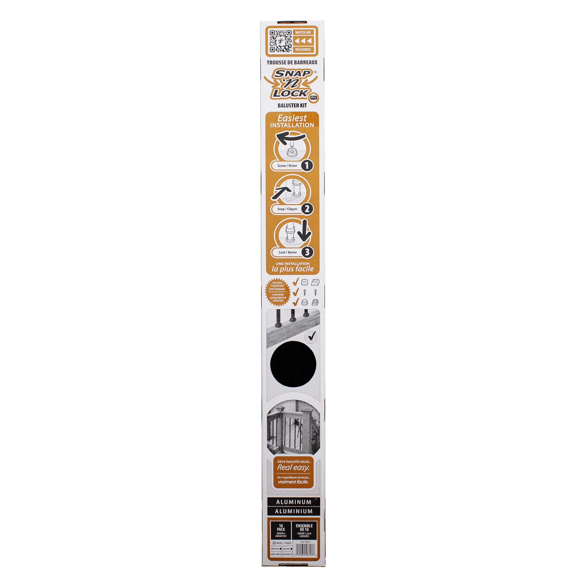 round black 25inch balusters in snap'n lock box packaging