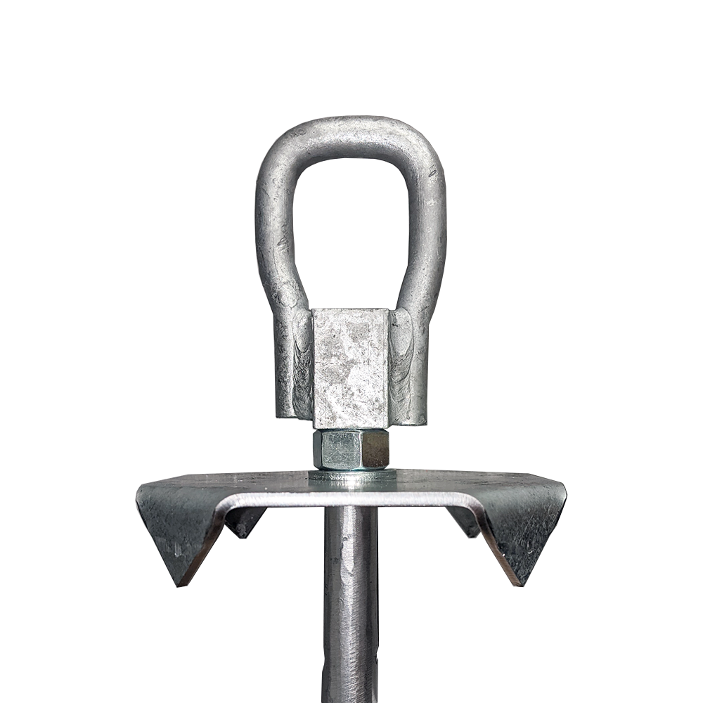 eye nut assembly on a deck foot anchor with cap plate on a white background