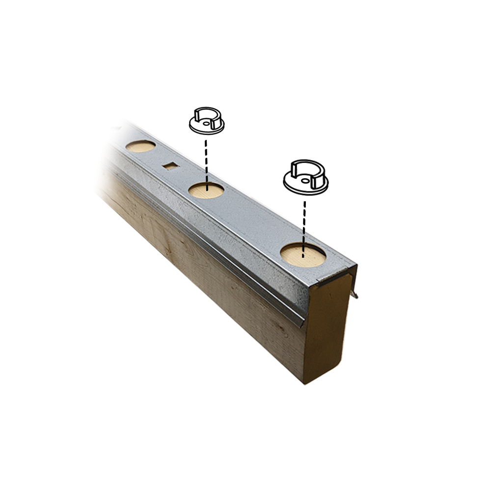 The Snapn Go Baluster Guide is a galvanized steel beam with round cutouts and two circular inserts, showcased against a white background.