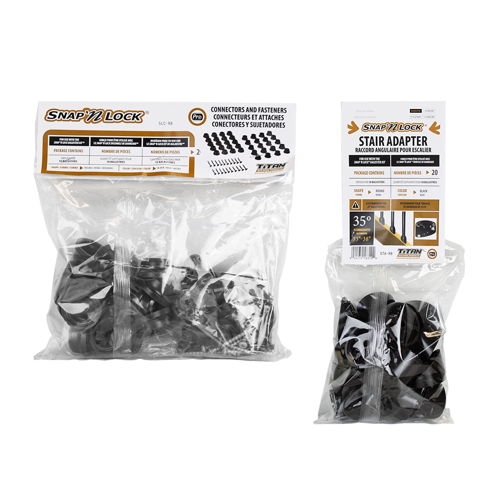 round black snap'n lock connectors and stair adapters in packaging on a white background