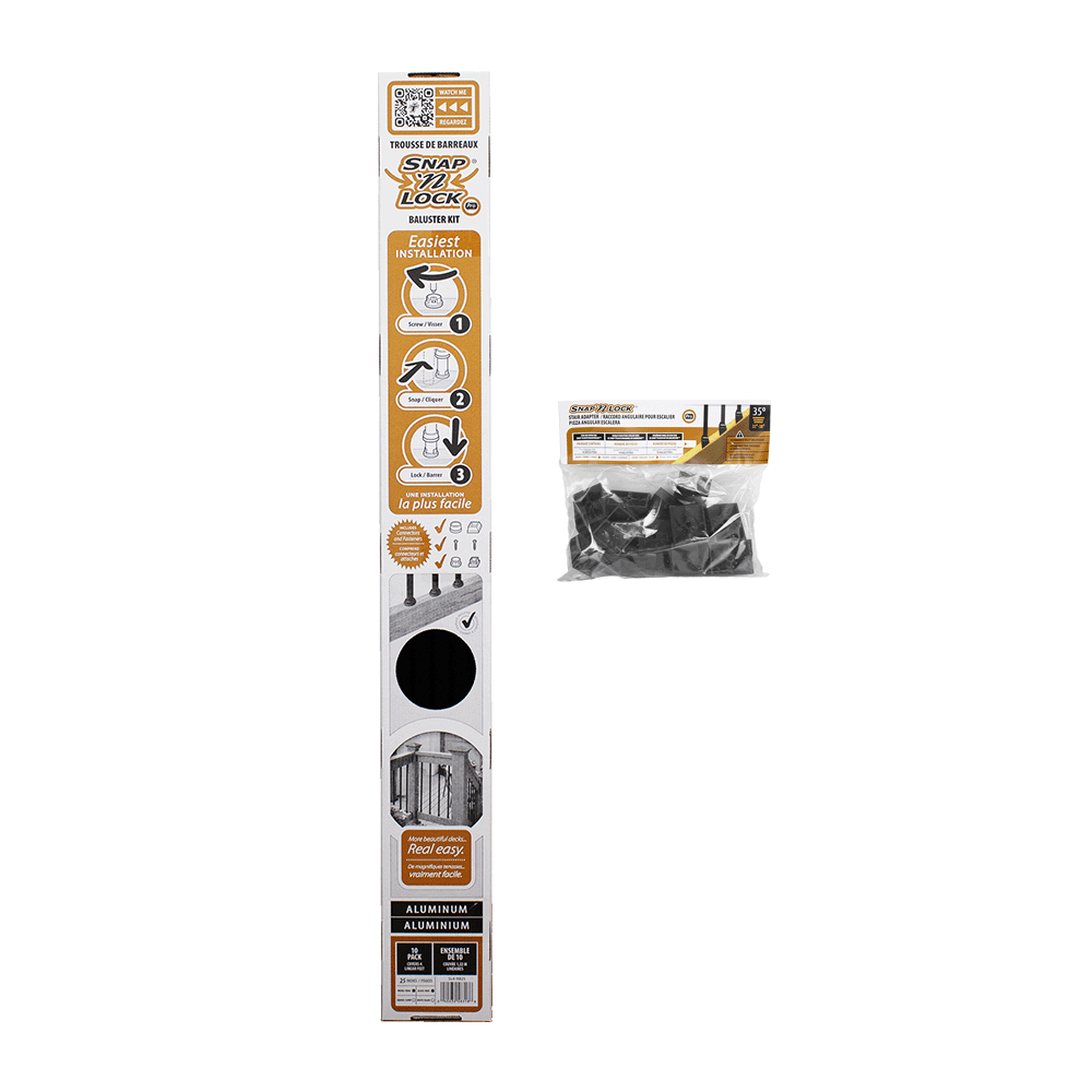 square black 25 inch snap'n lock baluster kit in packaging