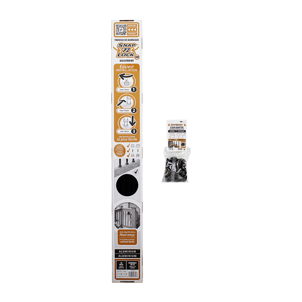 round black 25" snap'n lock stair baluster kit in packaging on a white background